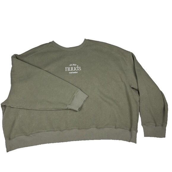 Nuuds Real Bodies Crewneck Sweatshirt XL Olive Green Fleece Lined Boxy Cozy - Picture 1 of 6